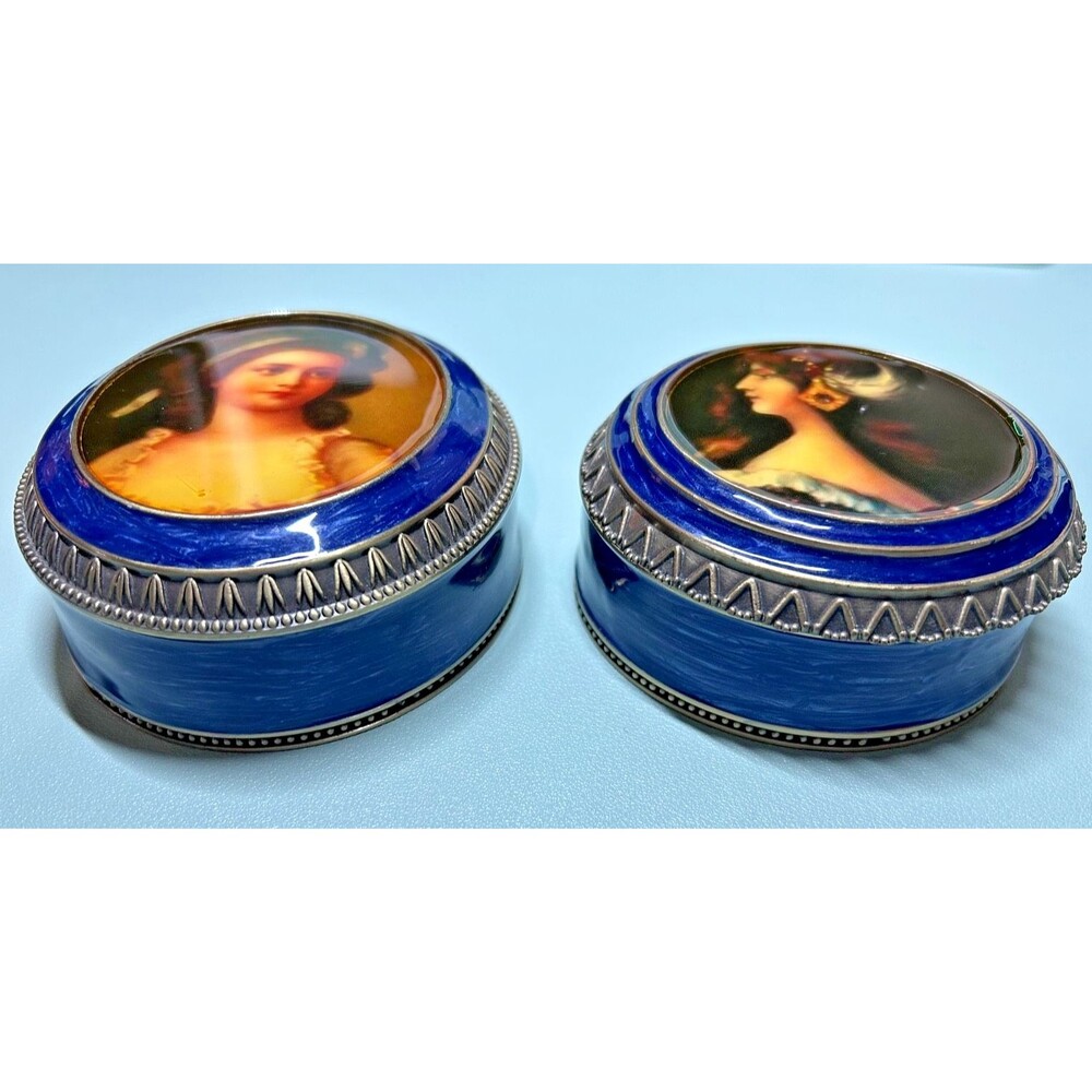 Lot of 2 Ornate Victorian Style Metal Trinket Jewelry Boxes Cameo Portrait FSG